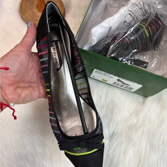 NWT Anthropologie Black Heels with Multicolor Stripes - Picture 5 of 10